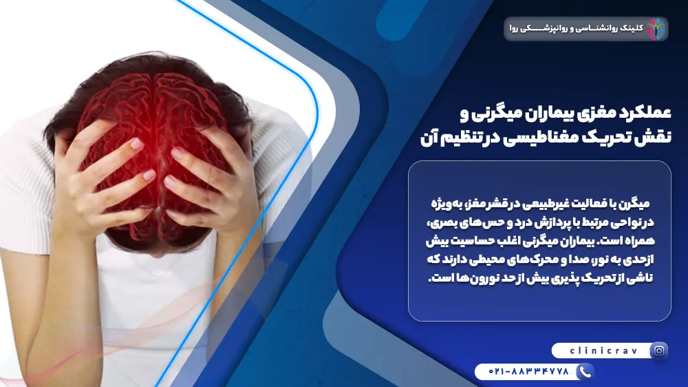 مردی که از میگرن شدید سرش را در بین دست های خود گرفته و توضیح عملکرد مغزی بیماران میگرنی و نقش تحریک مغناطیسی در تنظیم آن