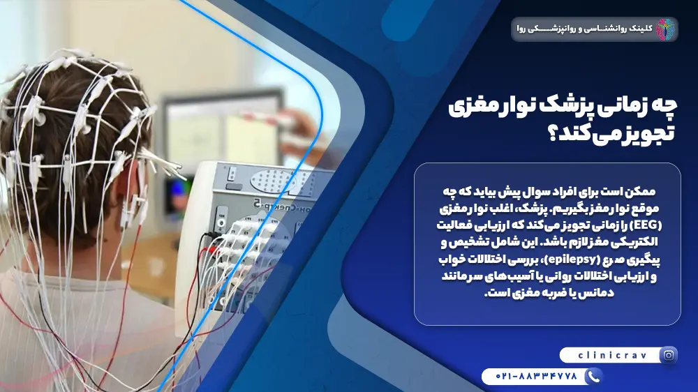 مرد جوان در حال انجام نوار مغزی و توضیح اینکه چه زمانی پزشک نوار مغزی تجویز می‌کند؟