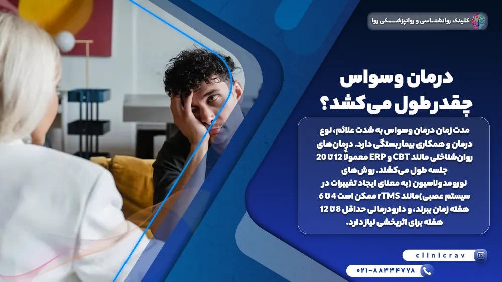 فرد وسواسی نگرا که از مشاور خود می پرسد درمان وسواس چقدر طول می‌کشد؟